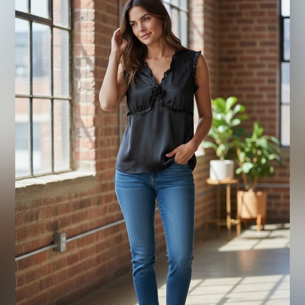EUC Maggie Sweet Women’s Black Sateen Sleeveless Blouse  Top Floral Detail - M